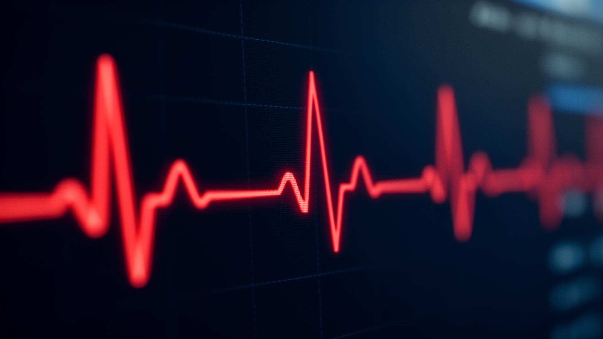 Glowing red ECG heartbeat trace on a clinical monitor