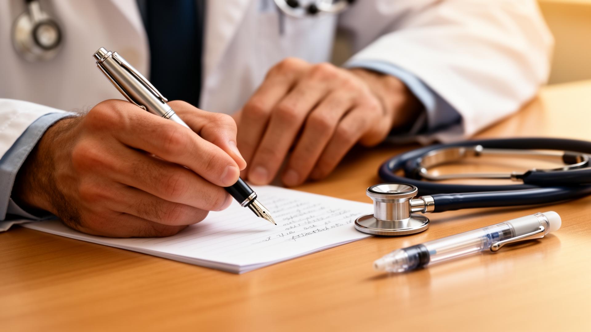 Clinician writing training notes with a stethoscope on the desk