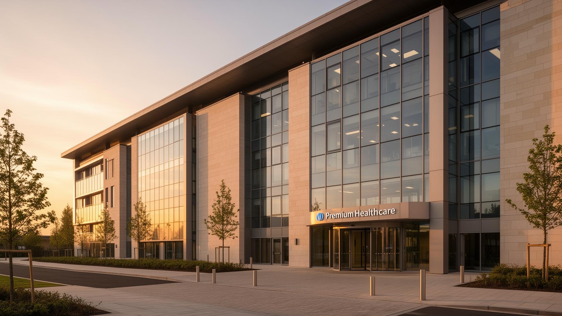 Modern NHS hospital building at golden hour